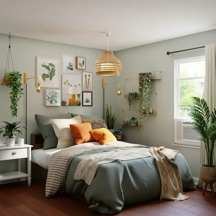 Bedroom with plants and woven textures