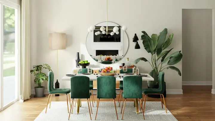 Dining room with green chairs and a round mirror