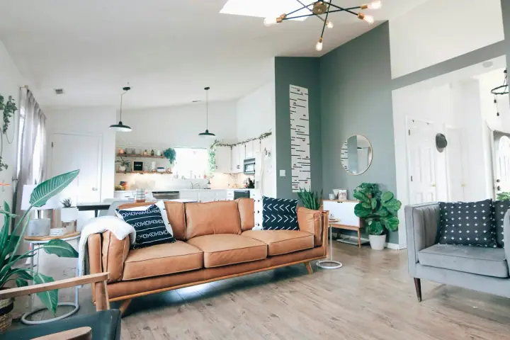 Loft living room with a cognac leather sofa